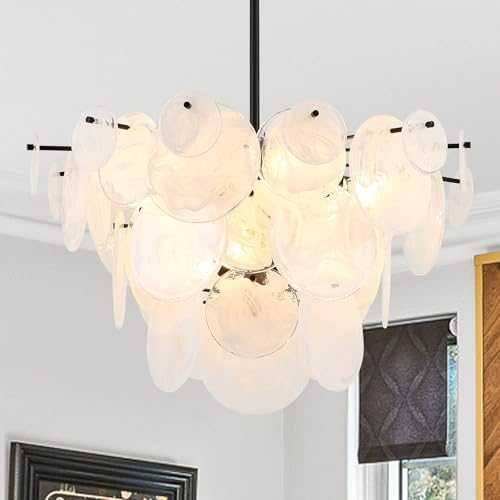 Dia 28 Inch, Modern Glass Chandeliers for Bedroom, Black Dining Room Light Fixture, Large Vintage Pendant Chandelier for Living Room Entryway Foyer by VANZARLA