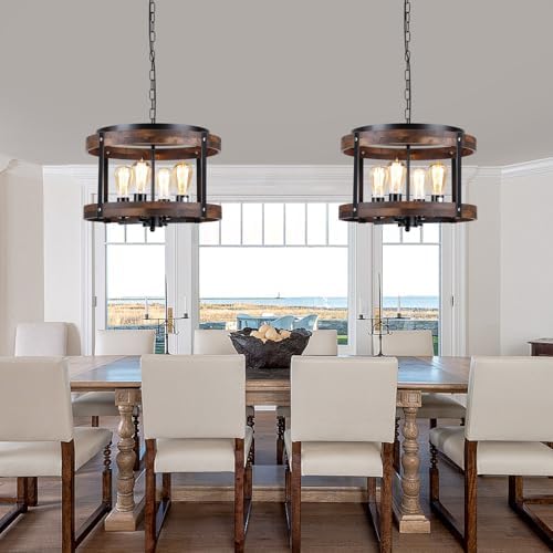 4-Light Large Rustic Farmhouse Wood Pendant Light Fixture with Adjustable Chain, 16.5 inch Oak Wood Drum Chandelier for Dining Room Kitchen Island Farmhouse Living Room Hallway, Black - Image 2