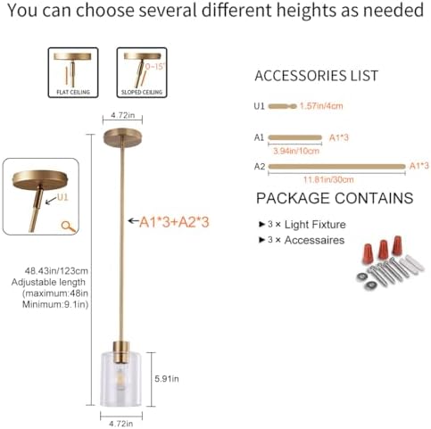 Brass Pendant Lights Kitchen Island - Gold Clear Glass Pendant Light Fixture Multiple Stems Rods 3 Units 12 Inch 3 Units 4 Inch (3 Pack Brass) - Image 6