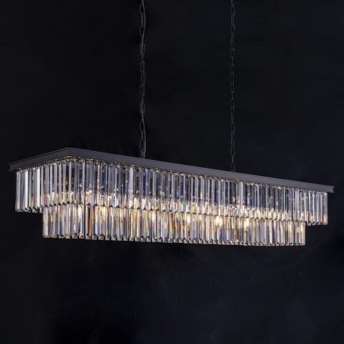 Wellmet Crystal Chandelier, 57 Inch 13-Light Black Chandelier for Dining Room Light Fixture Ceiling Hanging, Modern Rectangular Chandeliers for Kitchen Island, Living Room, Bedroom, Dining Table by Wellmet