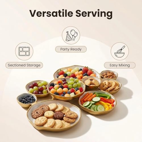 Cluster of 9 Round Serving Bowls, 9-Piece on 22-Inch Gold Tray, for Snacks Dips Appetizers at Parties Weddings Entertaining, Decorative Multi-Bowl Platter, White - Image 2