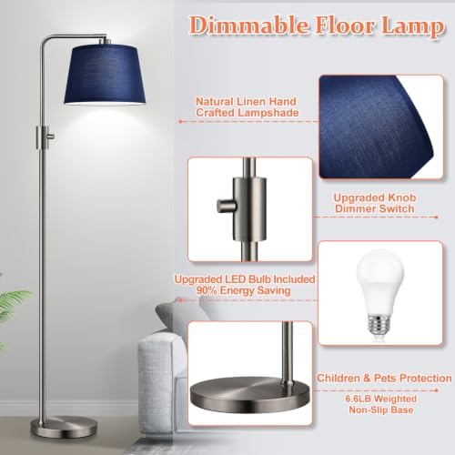 Nintiue Dimmable Floor Lamp, 1000 Lumens LED Edison Bulb Included, Brushed Nickel Arc Standing Tall Floor Lamp with Blue Shade for Living Room Bedroom Office Dining Room - Image 4