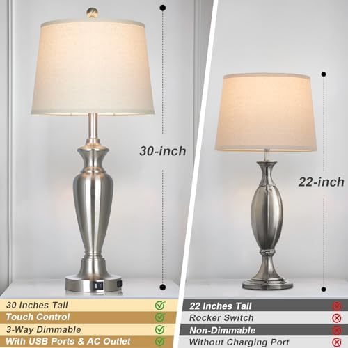 Cinyirong 30" Tall Silver Table Lamp for Living Room, 3-Way Dimmable Touch Control Bedside Lamp for Bedroom Nightstand with USB A+C Ports & AC Outlet (1 Pack) - Image 3