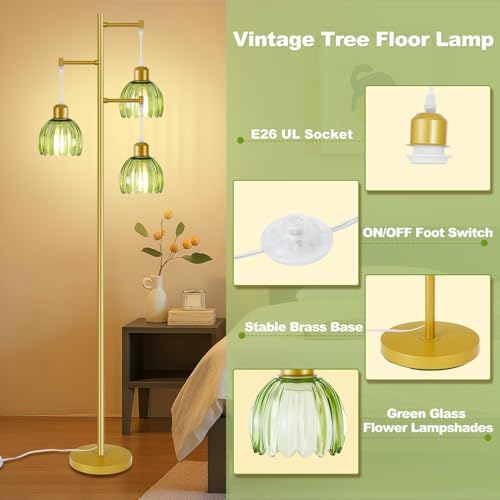 Tree Floor Lamp with 3 Light Bulbs, Vintage 3 Heads Flower Floor Lamp, Tall Gold Vintage Lamps with Brass Base Foot Switch, Boho Standing Lamps for Living Room with Green Glass Flower Shades - Image 3