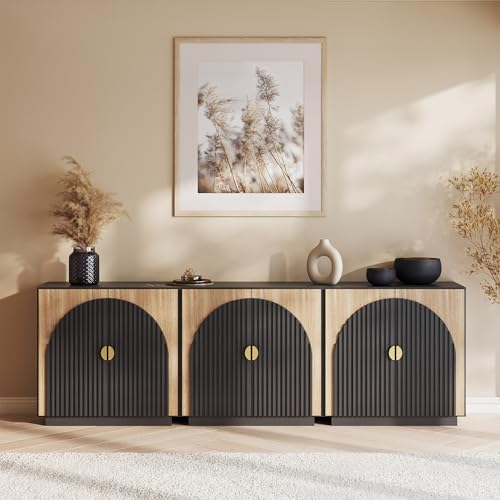 BELLEZE Set of 4 Modular Fluted Sideboard Buffet Cabinet, Mid-Century Modern Console Sideboard with Symmetrical Arched Doors, Elegant Credenza for Kitchen, and Living Room, Camel - Image 6