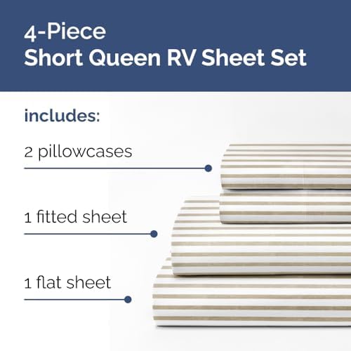 Short Queen Size 4 Piece Bed Sheet Set - RV Short Queen - Beige Stripes - Image 2