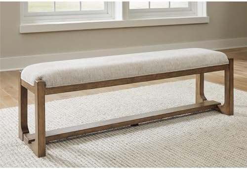 Signature Design by Ashley Cabalynn Farmhouse Upholstered Dining Bench, Foam Cushion, Hardwood Solids, 63.5" W x 16.5" D x 19.75" H, Beige & Light Brown - Image 2