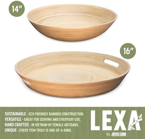 LEXA 2-Piece Handcrafted Bamboo Entertaining Set, 16” Serving Tray with Handles & 14” Salad Bowl, Spun Bamboo Serveware for Hosting, Everyday Dining & Home Décor (Natural) - Image 2