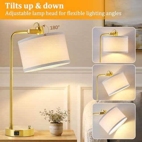 Gold Table Lamp Set of 2, USB A+C, 180° Adjustable Bedside Lamps, Dimmable - Image 2