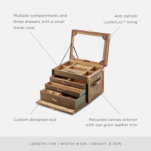 WOLF Ida Trunk Jewelry Box, Khaki - Trunk-Style Jewelry Box - Includes Ring Slots, Drawers, Covered Trays, Lid Mirror, Travel Case & Custom Lock - Image 4