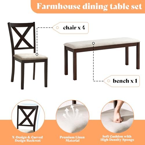 AMERLIFE 6 Piece Farmhouse Dining Set with 71" Solid Wood Table, Brown - Image 5
