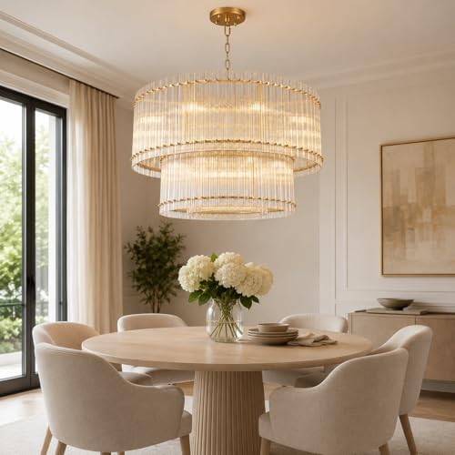 48-Inch Ripple Glass Chandelier, 3-Tier 20-Light Large Brass Round Chandelier for Dining Rooms, Living Rooms, Foyers, Staircases, Open-Concept Spaces & High Ceilings - Image 4