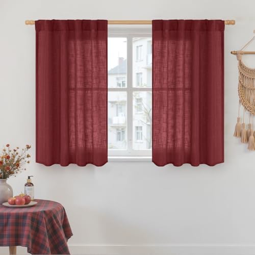 LAMIT Red Linen Curtains 40 Inch Length for Small Windows 2 Panels by LAMIT