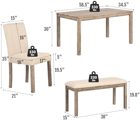 Zevemomo 6-Piece Solid Wood Dining Table Set, Wooden Legs Table Set, Brown - Image 2