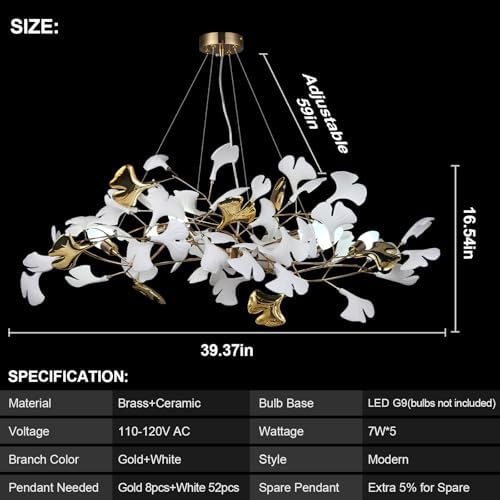 Modern Tree Branch Chandelier for Dining Room, L39inch Ginkgo Leaf Chandeliers Brass Rectangle Chandelier Large Luxury Hanging Lights Fixture for Living Room Kitchen Island, 5-Light - Image 4