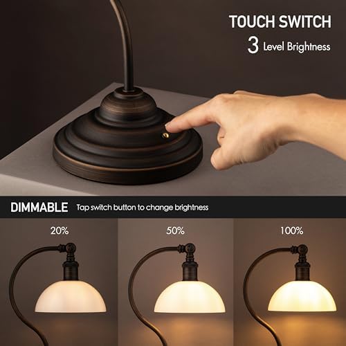 O'Bright Bankers - Cordless LED Table Lamp, Battery-Operated, Rechargeable, 3-Level Dimming, Universal USB-C Charging, 180° Swivel Head, White Jade Glass Shade, Oil Rubbed Bronze - Image 2