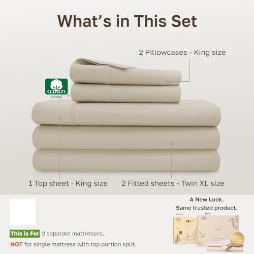 California Design Den Soft 100% Cotton Split King Bed Sheets, 5 Pcs, Beige - Image 4