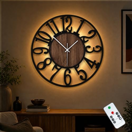 24" Silent Wall Clock – Adjustable Night Light, Battery Operated by Casaformia
