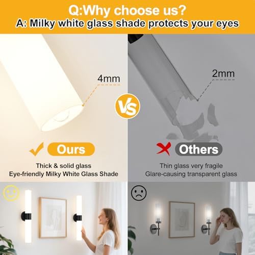 Wall Sconces Set of Two, Modern Bathroom Sconces Wall Lighting with Milky White Glass, Matte Black Sconces Wall Decor Set of 2 for Bathroom Mirror Bedroom Living Room Hallway - Image 5
