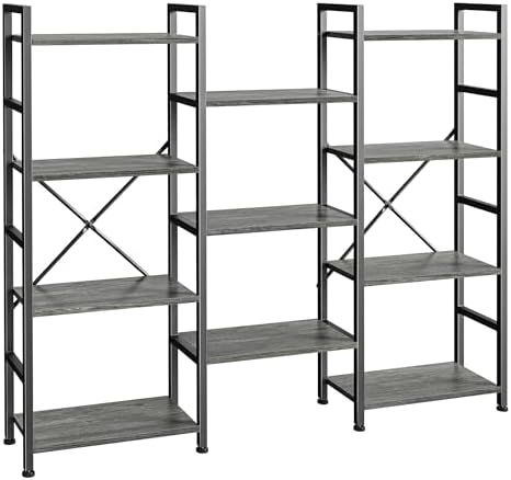 SUPERJARE Triple Bookshelf, Bookcase with 11 Open Display Shelves, Wide Book Shelf Book Case for Home & Office, 4 Tier, Grey by SUPERJARE