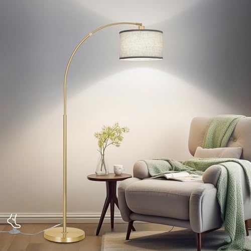 DWTB Gold Arc Floor Lamp for Living Room, Floor Lamp with Adjustable Drum Lampshade, Modern Tall Standing Lamp with Foot Switch, Over Couch Arched Pole Lamps for Reading Bedroom, 8W LED Bulb Included by DWTB