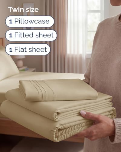 Twin Size 3 Piece Sheet Set - Comfy Breathable & Cooling Sheets - Beige - Image 3