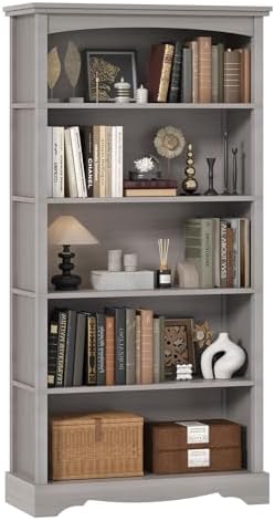 TVU 5-Tier Wooden Bookshelf, 65 Inch Tall Bookshelf with Storage, Floor Standing Modern Style Display Bookcase for Living Room, Office, Study Room, Entryway, Grey by TVU