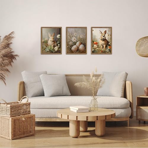 Vintage Easter Bunny Wall Art Set of 3, Spring Easter Rabbit Eggs Canvas Wall Decor Paintings, Rustic Farmhouse Animal Artwork Prints Pictures for Living Room Bedroom Bathroom 16x24 Inch Framed - Image 2