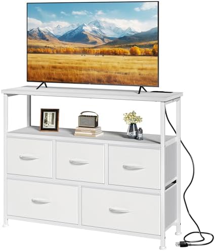 DUMOS TV Stand with 5 Fabric Drawers, with Open Shelf & Charging Station by DumosLifestyle