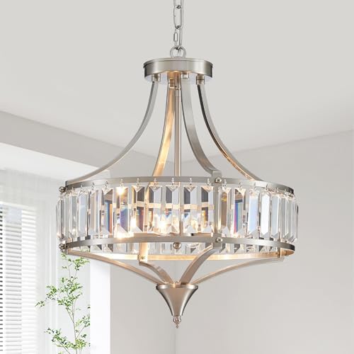 Crystal Chandeliers for Dining Room Rustic Farmhouse Pendant Round 4-Light Brushed Nickel Lighting Fixture for Dining Room Kitchen Island Hallway Bedroom Home Office by Majhoiw
