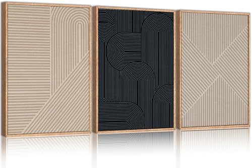 LHIUEM Large Abstract Textured Line Framed Canvas Wall Art,Boho Beige Black Wall Decor,Modern Neutral Minimalist Art Painting Painting for Living Room,Bedroom,Dining Room,Office -24"x36"x3 by LHIUEM
