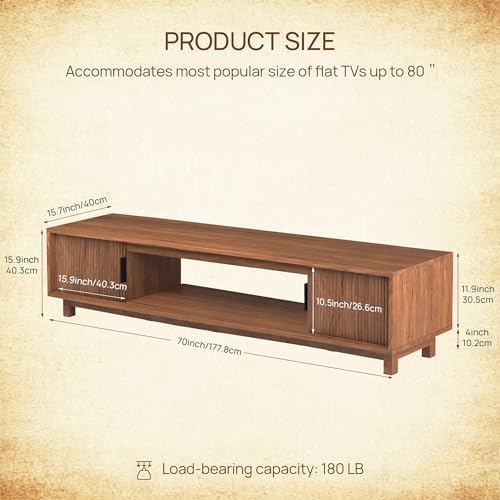 TV Stands for Living Room, 70 Inch Large Entertainment Center Fluted TV Stand with Storage, Boho Media Console Wood Television Table with Cable Management Hole, Walnut - Image 3