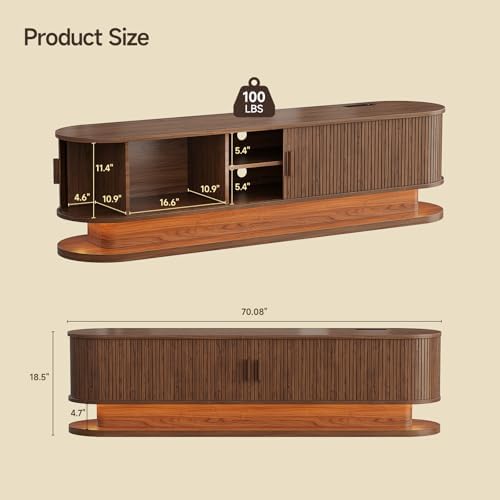 ONBRILL 70" TV Stand up to 80 Inch with LED Lights and Power Outlet, Walnut - Image 2