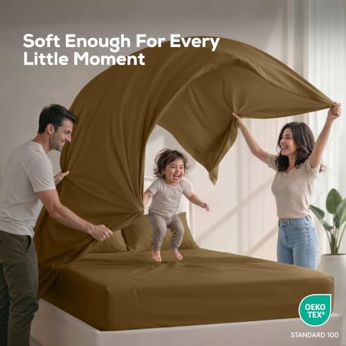 Queen Sheets Set, 4 Pieces 16" Deep Pocket Hotel Luxury Bed Sheets, Mocha - Image 5
