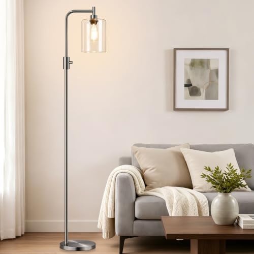 【Upgraded】 Dimmable Floor Lamp for Living Room with Glass Lampshade, Brushed Nickel Modern Glass Floor Lamp with 900LM LED Bulb Included, Standing Tall Lamp for Bedroom, Office, Reading Room, Corner by Yemela