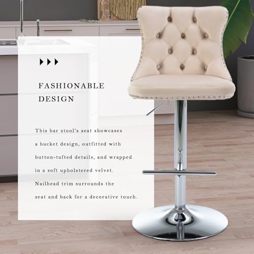 SoarFlash Velvet Bar Stool Set of 2, Adjustable Swivel Bar Stools with Silver Plated Metal Leg, Button Tufted, Footrest, Chrome Nailhead, Counter Height Chair for Kitchen, Bar, Dining Room (Beige) - Image 6
