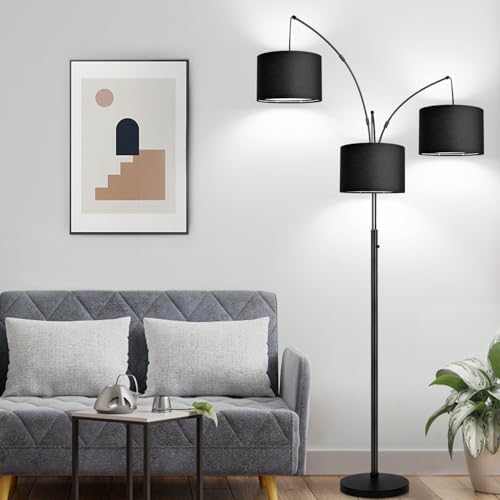 Dimmable Floor Lamp - 3 Lights Arc Floor Lamps for Living Room, 1000LM Modern Tall Standing Lamp With Black Shades & Heavy Base, Mid Century Tree Floor Lamp for Bedroom Office, 3 LED Bulbs Included - Image 6