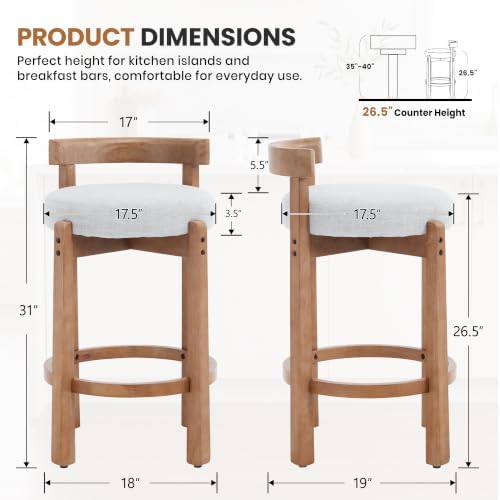LukeAlon Mid Century Linen Counter Stools Set of 4, Upholstered 26.5" Seat Height Low Barstools with Natural Wood Legs Round Low Back Kitchen Stool with Footrest for Dining Room Pub Island, Light Grey - Image 2