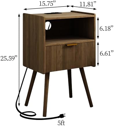 JOONEE Nightstand with Outlet,Modern Bedside Table with Storage Drawer and Open Wood Shelf, for Living Room, Bedroom and Small Spaces, Accent Night Stand with Solid Wood Legs, Easy Assembly,Brown - Image 2