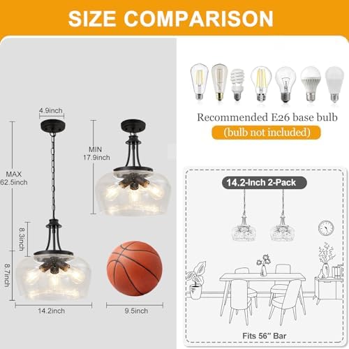Modern Pendant Lights Kitchen Island, 3-Light Black Pendant Light Fixtures with 14.2" Clear Air Bubble Glass Shade, Industrial Hanging Pendant Lights Fixture for Kitchen Island, Dining Room, Entryway - Image 5