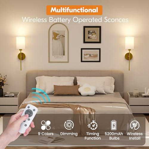 NIORSUN 20.67 inch Battery Operated Wall Sconce Set of 2, Gold Rechargeable Wall Lights with 10400mAh Dimmable Bulbs and Remote, 9 Colors Wireless Wall Lamps for Bedroom Living Room Hallway - Image 6