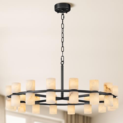 Alabaster Round Chandelier, Natural Spanish Stone Texture Chandeliers, D31in Round Chandeliers for Dining Room Chandelier Light Fixture for Kitchen Living Room Foyer Entryway Hallway (Black) by Plsintly
