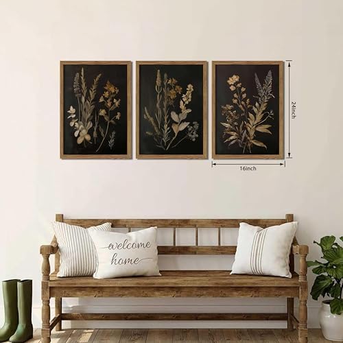 Framed Dark Botanical Wall Art Set of 3, Black Moody Floral Wall Decor Paintings, Dark Academia Decor, Vintage Flower Artwork Prints Pictures for Living Room Bedroom Bathroom 16x24 Inch - Image 3