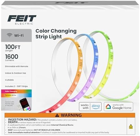 Feit Electric Smart LED Strip Light, 100 Ft, Color-Changing RGB + Tunable White, 2.4GHz Wi-Fi App & Remote Control, Alexa & Google Home Compatible, Flexible Light Strip, TAPE100/RGBW/AG by FeitElectricCompany