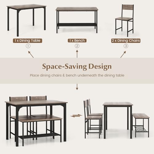COSTWAY Dining Table Set for 4 w/Bench & 2 Chairs, Storage Racks, Grey - Image 5