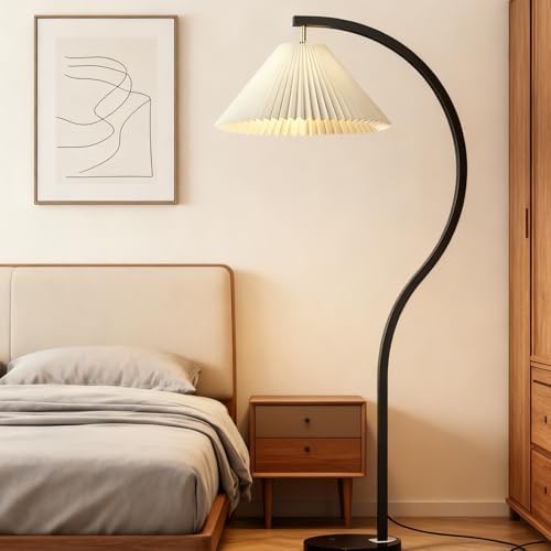 MIXL-Modern Black Arc Floor Lamp,1-Lights Curved Standing Lamp with Rotatable Pleated Fabric Shade,3-Colors Dimmable Bedroom Floor Lights, Indoor Arched Standing Light for Living Room Corner Office - Image 4