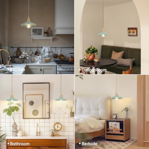 Shenmoyl Pendant Light with Green Pleated Ceramic Lmapshade, Brass Vintage Pendant Light Adjustable Hanging Light for Kitchen Island Dining Room Hallway - Image 2