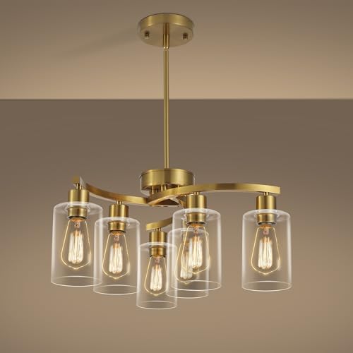 CNRATYE 6-Light Gold Chandeliers for Dining Room, Modern Kitchen Island Light Fixtures Over Table, Metal Hanging Pendant Lighting for Living Room Stairwell Entryway Bedroom, Clear Glass Shade by CNRATYE