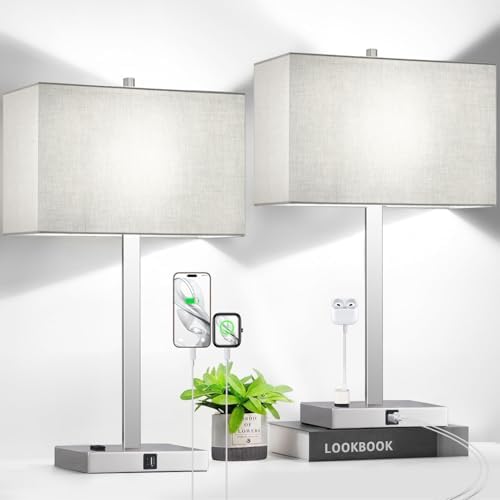 Lynnoland 21" Set of 2 Table lamp with USB A+C & AC Outlets, Touch Control 3-Way Dimmable Nightstand Lamps for Bedroom Living Room Office Reading, Gray Shade Touch Lamps, 5000K LED Bulbs Included by BringBrightnesstoYourLife