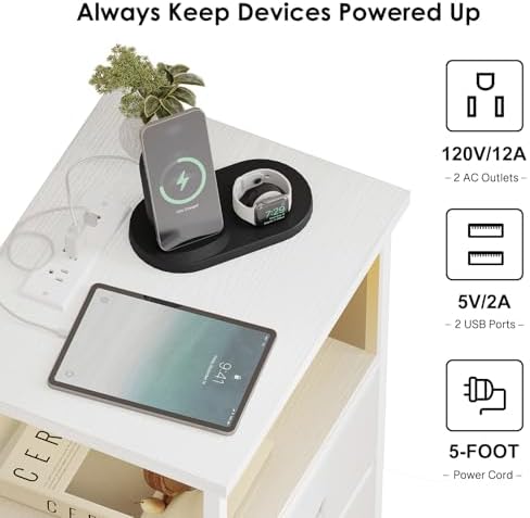Fixwal Night Stand with Charging Station, White Led Nightstand, 2 Drawers - Image 5